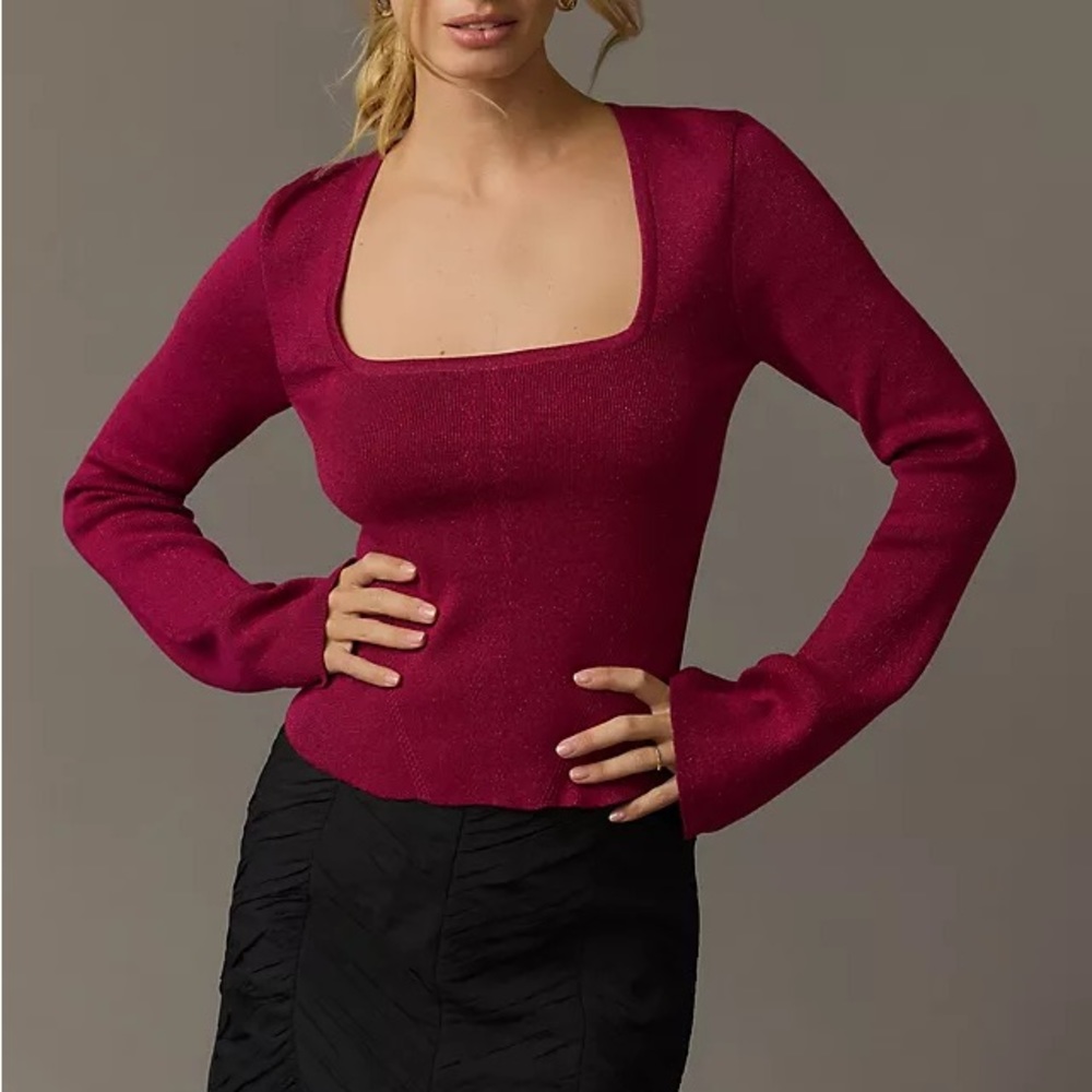 Anthropologie Maeve Square-Neck Bell-Sleeve Sweater